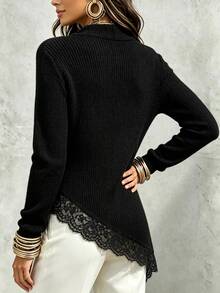 SHEIN LUNE Women's Solid Color Cowl Neck Casual Versatile Daily Wear Long Sleeve Sweater,Draped Collar Design, Lace Patchwork, Irregular Bottom Hem Sweater - Black - View 3