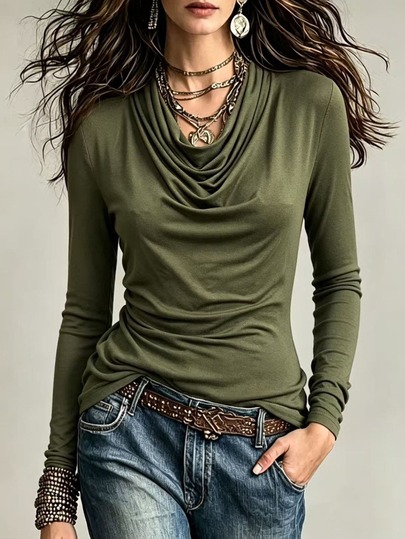 Glimmora Women's Casual Solid Color Cowl Neck T-Shirt, Autumn