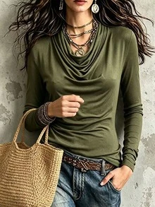 Glimmora Women's Casual Solid Color Cowl Neck T-Shirt, Autumn - Green - View 6