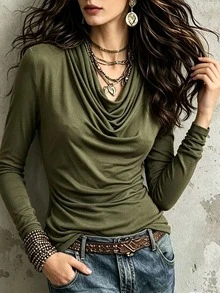 Glimmora Women's Casual Solid Color Cowl Neck T-Shirt, Autumn - Green - View 4