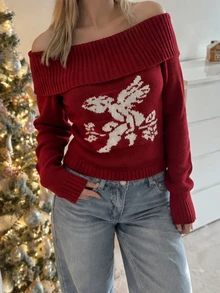 IslaSuriya Vintage Red Open Shoulder Knit Top With Floral Angel Pattern, Sweetheart Style, Cinched Waist - Red - View 7