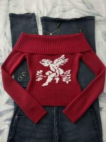 IslaSuriya Vintage Red Open Shoulder Knit Top With Floral Angel Pattern, Sweetheart Style, Cinched Waist - Red - View 1