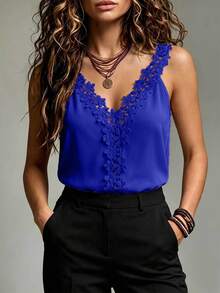 Trelyra Guipure Lace Trim Tank Top - Royal Blue - View 8