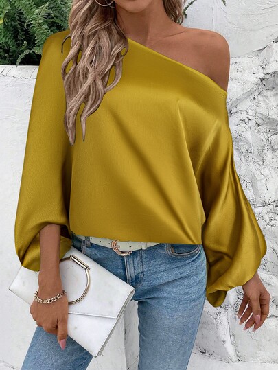 SHEIN 1 pieza Blusa de manga larga con un hombro de unicolor brillante y cuello oblicuo, elegante para mujer, top de temporada primavera/otoño