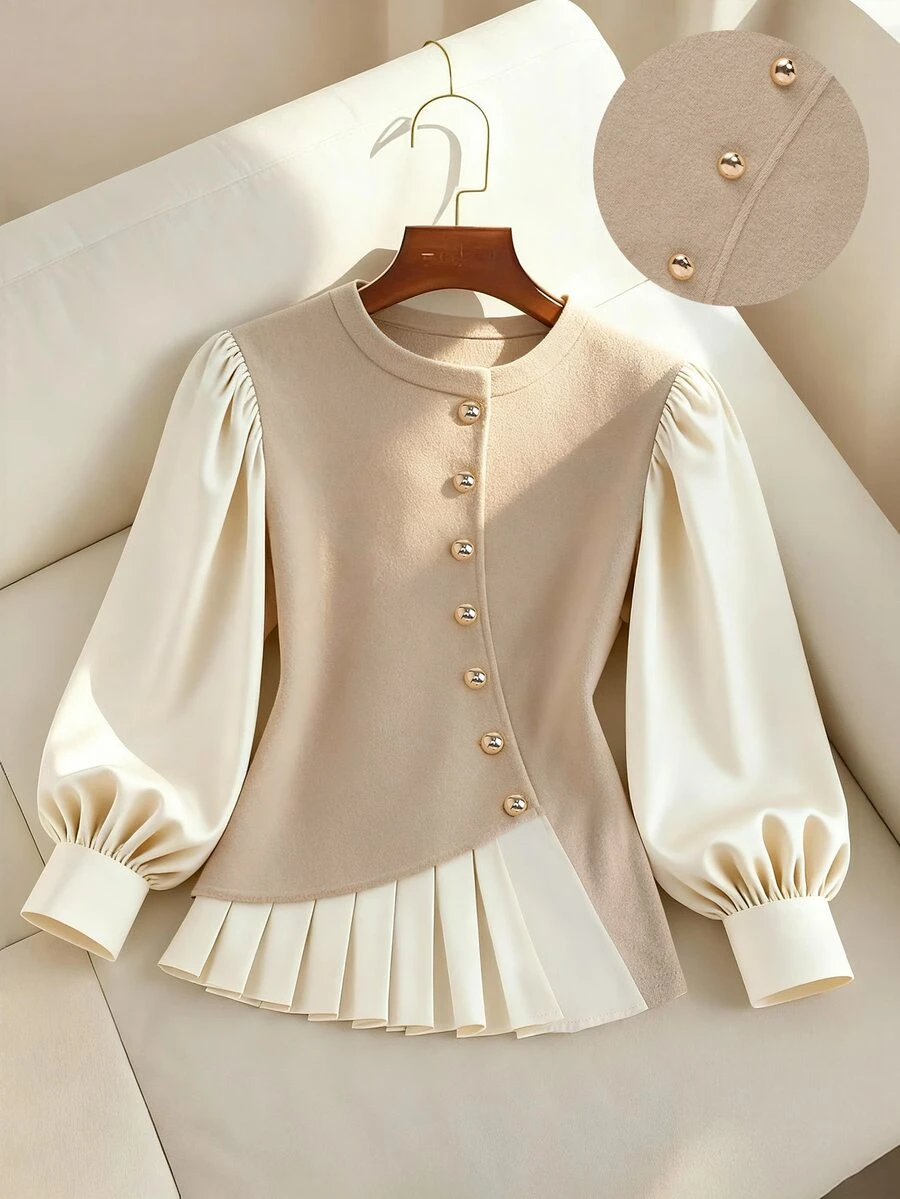 Franclia Beige,Autumn,Elegant,Tea Party Women Round Neck Top,Color-Blocked Puff Lantern Long-Sleeved,Metal Buckle,Fitted Ruffled Hem,Business Casual Commuter - Khaki - View 1