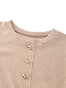 Franclia Beige,Autumn,Elegant,Tea Party Women Round Neck Top,Color-Blocked Puff Lantern Long-Sleeved,Metal Buckle,Fitted Ruffled Hem,Business Casual Commuter - Khaki - View 4