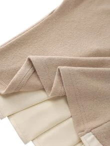 Franclia Beige,Autumn,Elegant,Tea Party Women Round Neck Top,Color-Blocked Puff Lantern Long-Sleeved,Metal Buckle,Fitted Ruffled Hem,Business Casual Commuter - Khaki - View 6