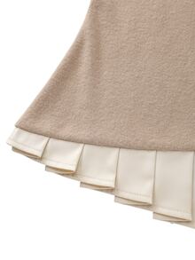 Franclia Beige,Autumn,Elegant,Tea Party Women Round Neck Top,Color-Blocked Puff Lantern Long-Sleeved,Metal Buckle,Fitted Ruffled Hem,Business Casual Commuter - Khaki - View 5