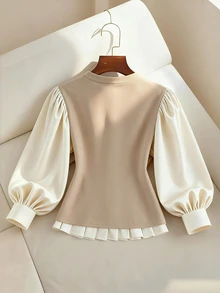 Franclia Beige,Autumn,Elegant,Tea Party Women Round Neck Top,Color-Blocked Puff Lantern Long-Sleeved,Metal Buckle,Fitted Ruffled Hem,Business Casual Commuter - Khaki - View 2
