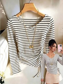 SHEIN Ladies' Autumn-Winter Ribbed T-Shirt With Cross-Front Placket And Drawstring,An Elegant And Simple Commute Top For Office Wear.Elegant Top,Ribbed Top - Apricot - View 4