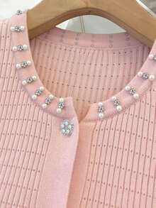 SHEIN Women's Baby Pink Summer Elegant Date Night Round Neck Slim Fit Short Sleeve Cardigan,Rhinestone & Faux Pearl Button Knit Top With Ruffled Hem - Pink - View 4