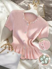 SHEIN Women's Baby Pink Summer Elegant Date Night Round Neck Slim Fit Short Sleeve Cardigan,Rhinestone & Faux Pearl Button Knit Top With Ruffled Hem - Pink - View 1
