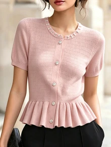 SHEIN Women's Baby Pink Summer Elegant Date Night Round Neck Slim Fit Short Sleeve Cardigan,Rhinestone & Faux Pearl Button Knit Top With Ruffled Hem - Pink - View 3