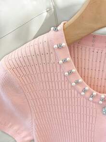 SHEIN Women's Baby Pink Summer Elegant Date Night Round Neck Slim Fit Short Sleeve Cardigan,Rhinestone & Faux Pearl Button Knit Top With Ruffled Hem - Pink - View 5