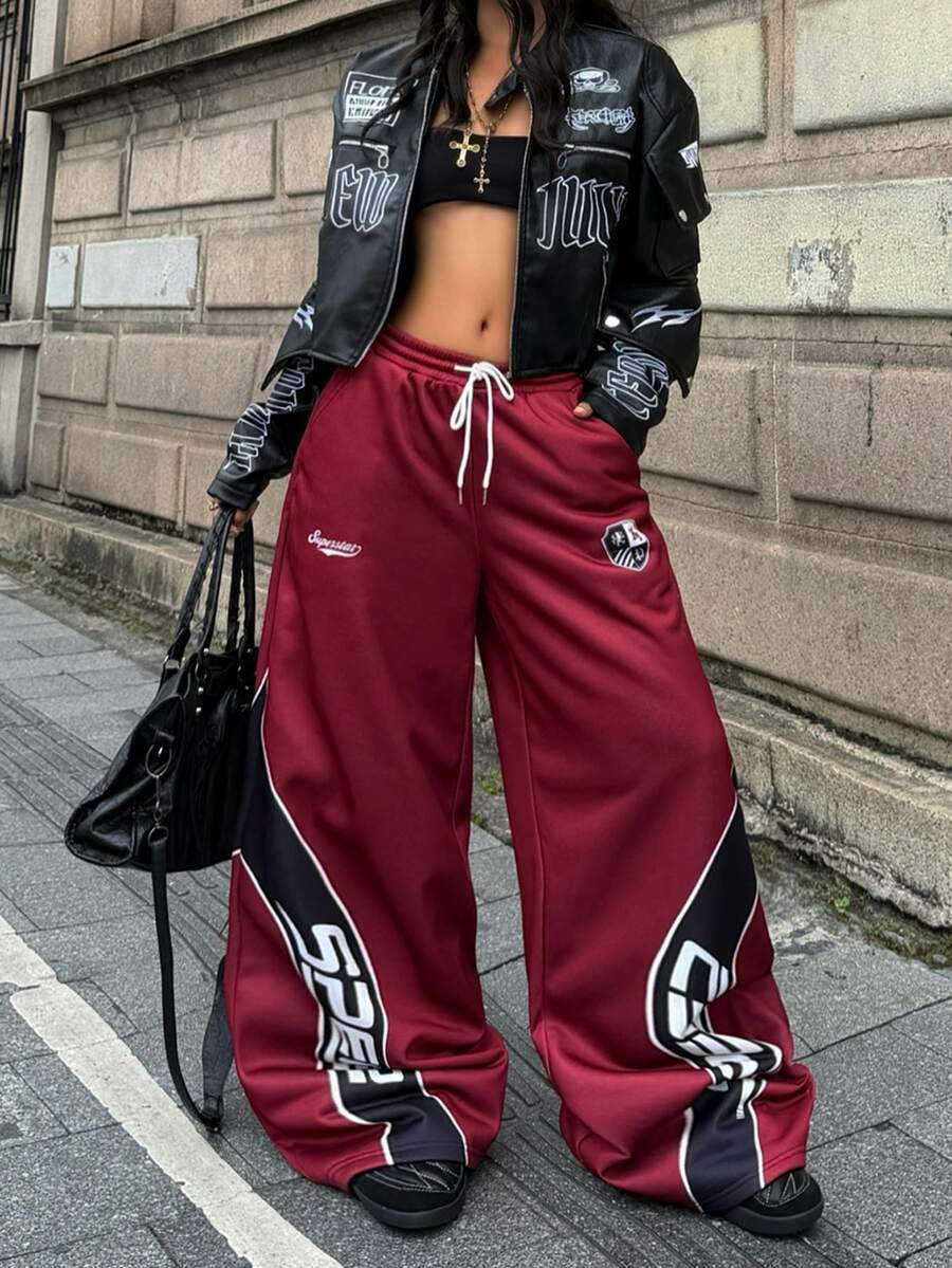 Coolane Women's Fall Warm /Winter Streetwear Casual Going Out Red Colorblock Letter Print Racing Fleece-Lined Baggy Wide Leg Sweatpants - Multicolor - View 1