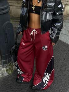 Coolane Women's Fall Warm /Winter Streetwear Casual Going Out Red Colorblock Letter Print Racing Fleece-Lined Baggy Wide Leg Sweatpants - Multicolor - View 6