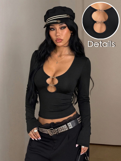 Coolane Women's Fall/Winter All-Season Party Vintage Streetwear Sexy Y2k Chic Minimalist Date Night Stretchy Cut Out V-Neck Fitted Tops Fall Outfits