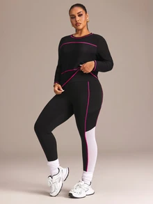 SHEIN Rhythm Era Women's Plus Size Round Neck Striped Long Sleeve Top And Colorblock Pants Sports Set - Black and White - View 3