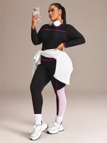 SHEIN Rhythm Era Women's Plus Size Round Neck Striped Long Sleeve Top And Colorblock Pants Sports Set - Black and White - View 6