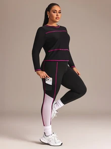 SHEIN Rhythm Era Women's Plus Size Round Neck Striped Long Sleeve Top And Colorblock Pants Sports Set - Black and White - View 7