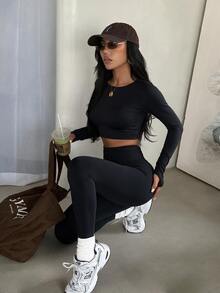 Slayform Slayform Women's Solid Color Back Cutout Long Sleeve T-Shirt And Leggings Sports Set - Black - View 6