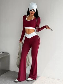 Dewbera Dewbera Women's Colorblock Cropped Long Sleeve T-Shirt And Criss-Cross Waist Colorblock Flared Pants Sports Set - Multicolor - View 4