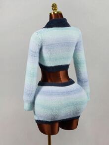 Mistrie Collared Striped Fuzzy Knit 2 Pieces Outfit, Long Sleeve Button Front Crop Cardigan & High Waist Mini Skirt, Colorful Sweet Fall Winter Matching Set - Multicolor - View 3