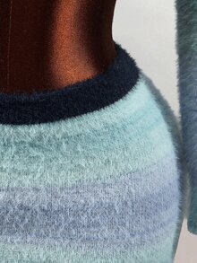 Mistrie Collared Striped Fuzzy Knit 2 Pieces Outfit, Long Sleeve Button Front Crop Cardigan & High Waist Mini Skirt, Colorful Sweet Fall Winter Matching Set - Multicolor - View 10