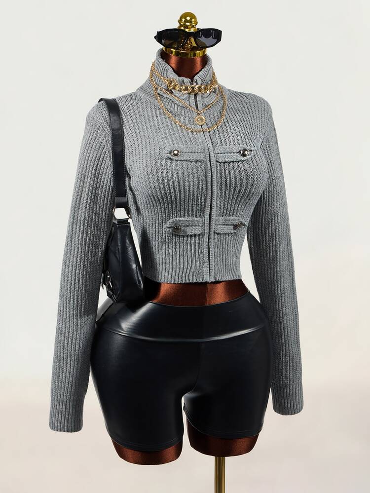 Mistrie Women's Stand Collar Zip-Up Fashion Casual Preppy Long Sleeve Cardigan Going Out Night Out Grey Fall - Grey - View 1