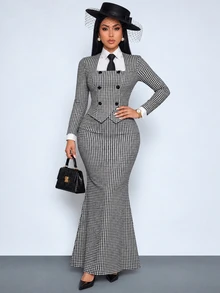 SOLERSUN "Women's Elegant Autumn Black And White Workwear Set:Square Neck Button Cardigan Top And Form-Fitting Long Mermaid Skirt " - Black - View 2