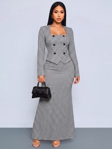 SOLERSUN "Women's Elegant Autumn Black And White Workwear Set:Square Neck Button Cardigan Top And Form-Fitting Long Mermaid Skirt " - Black - View 6