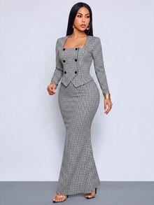 SOLERSUN "Women's Elegant Autumn Black And White Workwear Set:Square Neck Button Cardigan Top And Form-Fitting Long Mermaid Skirt " - Black - View 4