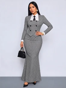 SOLERSUN "Women's Elegant Autumn Black And White Workwear Set:Square Neck Button Cardigan Top And Form-Fitting Long Mermaid Skirt " - Black - View 7