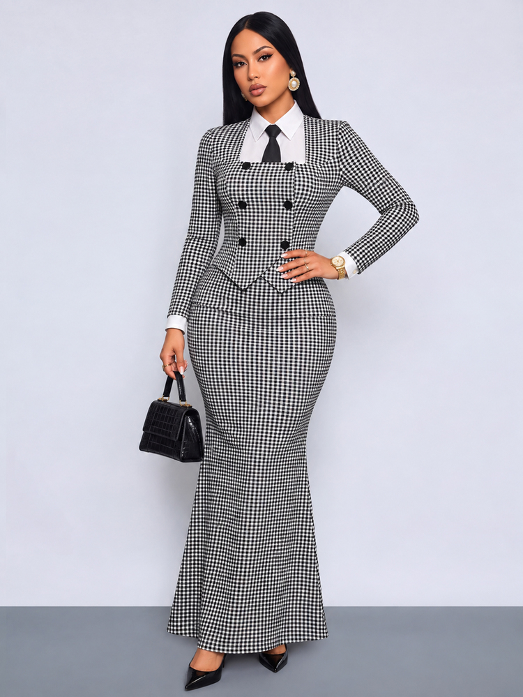 SOLERSUN "Women's Elegant Autumn Black And White Workwear Set:Square Neck Button Cardigan Top And Form-Fitting Long Mermaid Skirt " - Black - View 6
