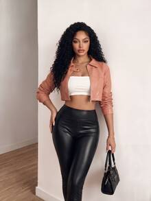 BamGleam Solid Zip Up Crop PU Jacket Night Dusty Pink Autumn Streetwear Sexy - Khaki - View 3