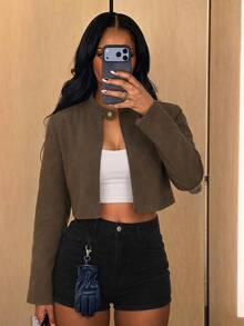 SHEIN SXY Women's Solid Color Casual Versatile Daily Long Sleeve Jacket,Dark Green Jacket,Goingout Everyday, Autumn - Brown - View 7