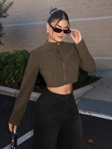 SHEIN SXY Women's Solid Color Casual Versatile Daily Long Sleeve Jacket,Dark Green Jacket,Goingout Everyday, Autumn - Brown - View 6