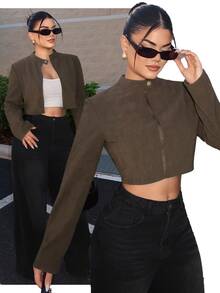 SHEIN SXY Women's Solid Color Casual Versatile Daily Long Sleeve Jacket,Dark Green Jacket,Goingout Everyday, Autumn - Brown - View 2