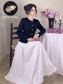 Modelyn Women's Round Neck Metal Button Top & Solid Color Skirt Fashion Elegant Set - Navy Blue - View 6