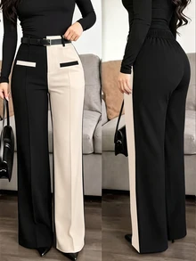 GlowEve CURVE Plus Size Women's Autumn Minimalist Casual Elegant Fashion Business Black White Contrast Belt Straight Leg Pants Office - Apricot - View 8