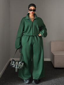Maweii Plus Size Women Dark Green Stand Collar Zip Up Sweatshirt Two Pieces Set Contrast Stitch High Waist Wide Leg Casual Sports Outfit Winter - Green - View 6