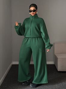 Maweii Plus Size Women Dark Green Stand Collar Zip Up Sweatshirt Two Pieces Set Contrast Stitch High Waist Wide Leg Casual Sports Outfit Winter - Green - View 3