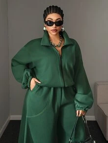 Maweii Plus Size Women Dark Green Stand Collar Zip Up Sweatshirt Two Pieces Set Contrast Stitch High Waist Wide Leg Casual Sports Outfit Winter - Green - View 4