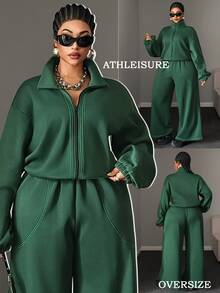 Maweii Plus Size Women Dark Green Stand Collar Zip Up Sweatshirt Two Pieces Set Contrast Stitch High Waist Wide Leg Casual Sports Outfit Winter - Green - View 1
