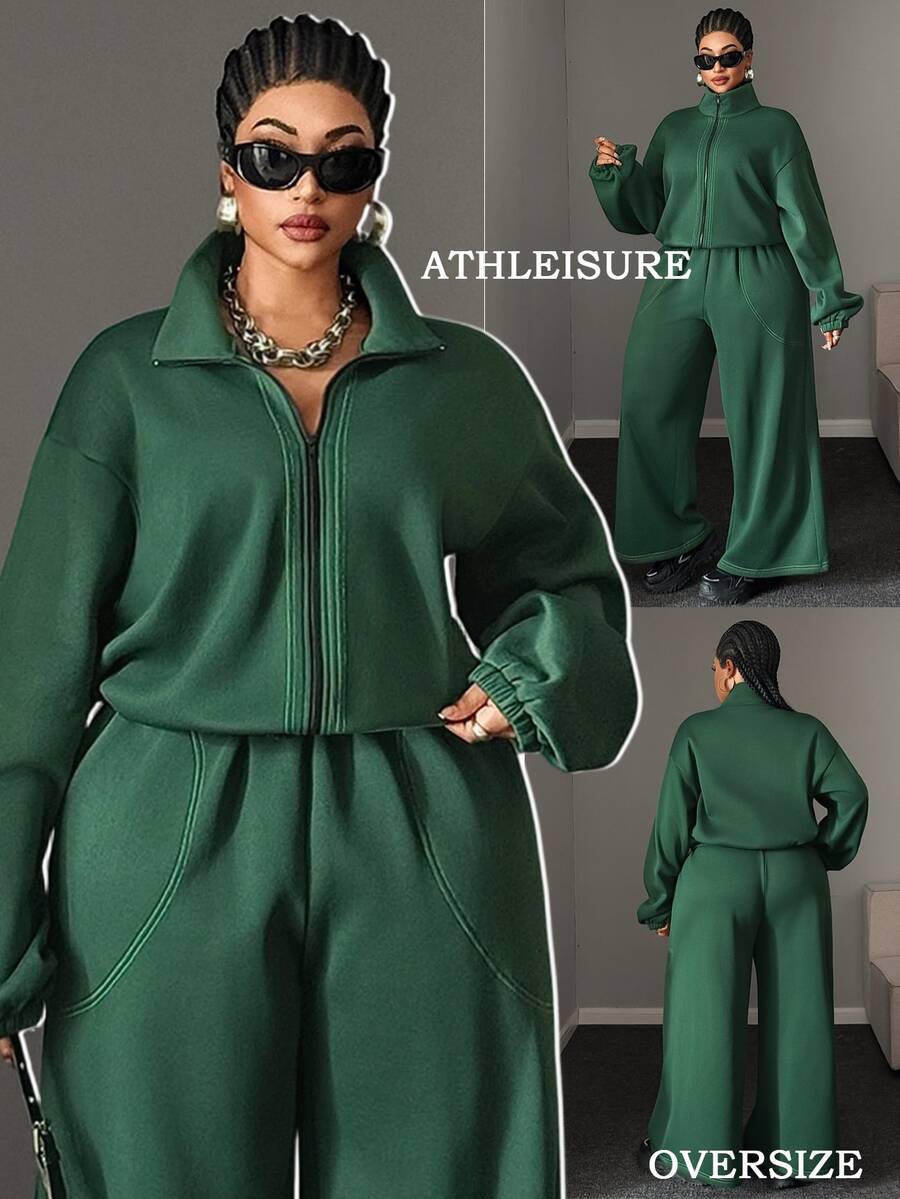 Maweii Plus Size Women Dark Green Stand Collar Zip Up Sweatshirt Two Pieces Set Contrast Stitch High Waist Wide Leg Casual Sports Outfit Winter - Green - View 1