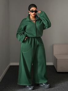 Maweii Plus Size Women Dark Green Stand Collar Zip Up Sweatshirt Two Pieces Set Contrast Stitch High Waist Wide Leg Casual Sports Outfit Winter - Green - View 7
