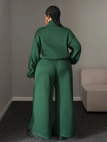 Maweii Plus Size Women Dark Green Stand Collar Zip Up Sweatshirt Two Pieces Set Contrast Stitch High Waist Wide Leg Casual Sports Outfit Winter - Green - View 2