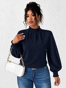 Elenzga Plus Size Solid Color Casual Minimalist Woven Textured Cut-Out Women's Blouse, Suitable For Outings And Commuting - Navy Blue - View 4