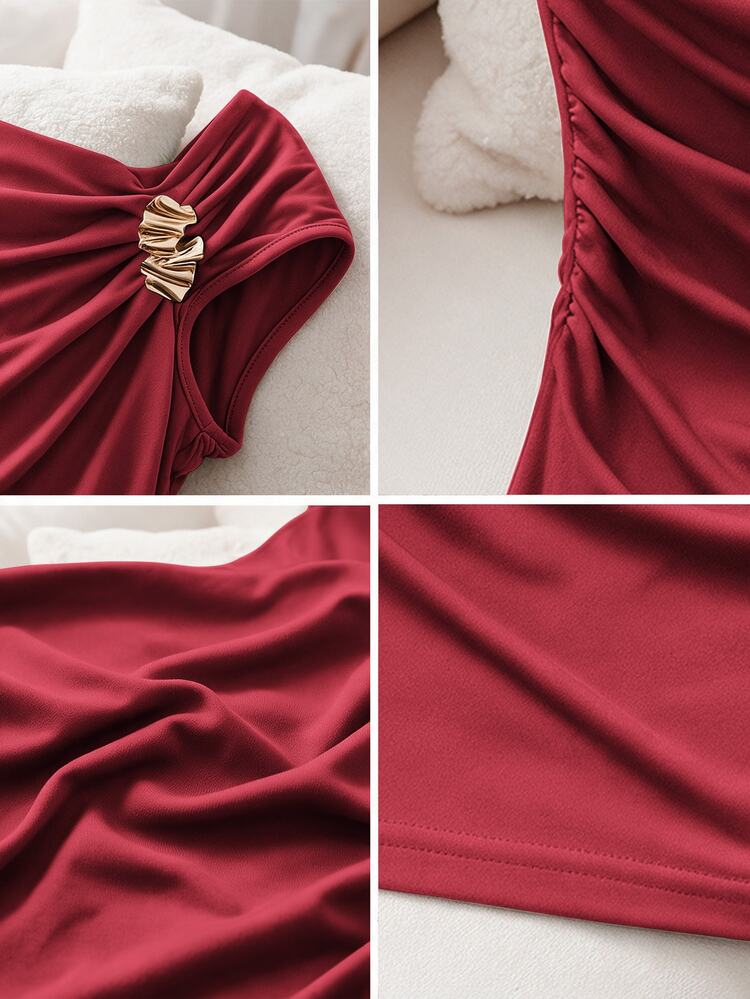 Ceyna Plus Size Women's French Casual Elegant One Shoulder Short Sleeve T-Shirt - Red - View 3