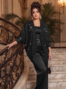 Roveilla Plus Size Niche Design Starry Sequin Loose Cardigan With Plus Size Batwing Sleeves, Arm-Covering Slimming Long Sleeve Outerwear, Street Night Scene Vibe, Versatile For Commute And Party - Black - View 1